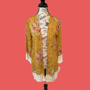 Rewind Yellow Floral Kimono with Lace Trim Women's Size S